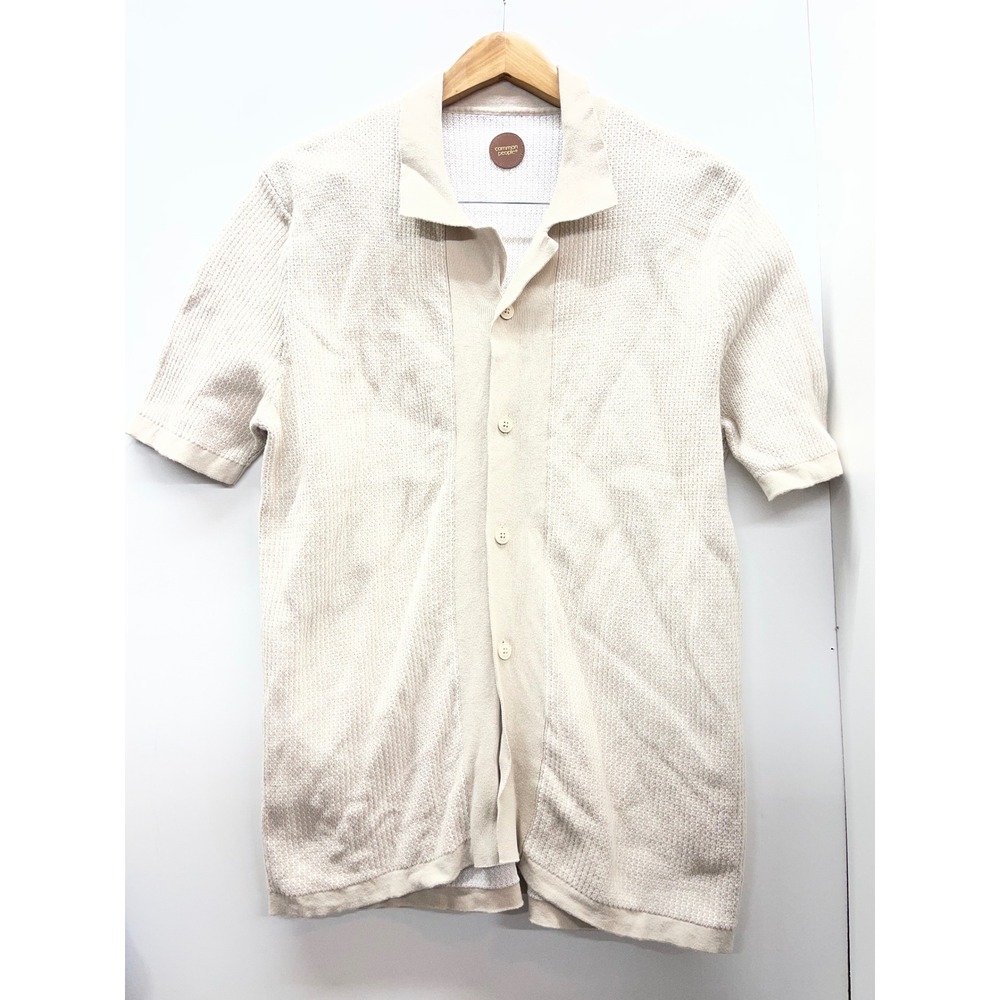 Common People Cream Beige Textured Knit Button Down Short Sleeve Shirt Large‎